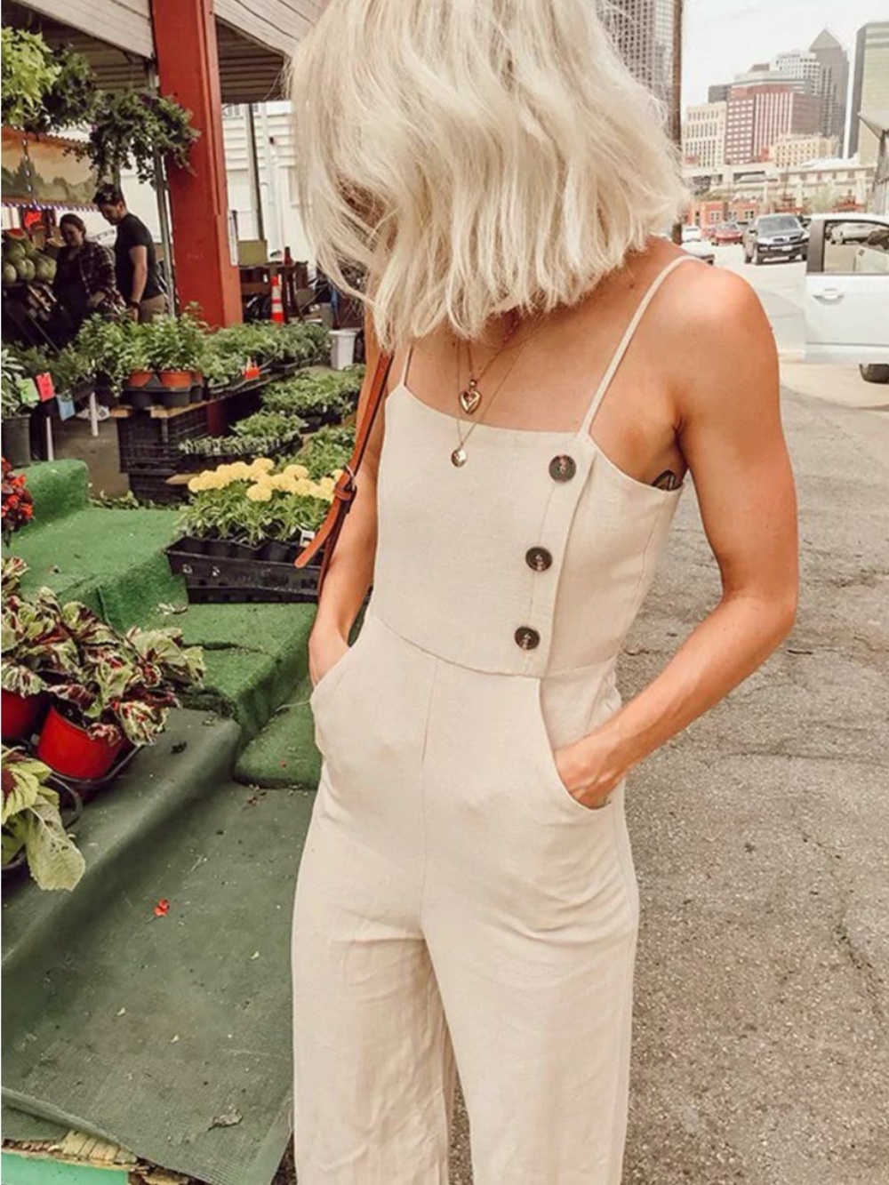 NWT Forever 21 Cream Button-Accent Spaghetti Strap Jumpsuit